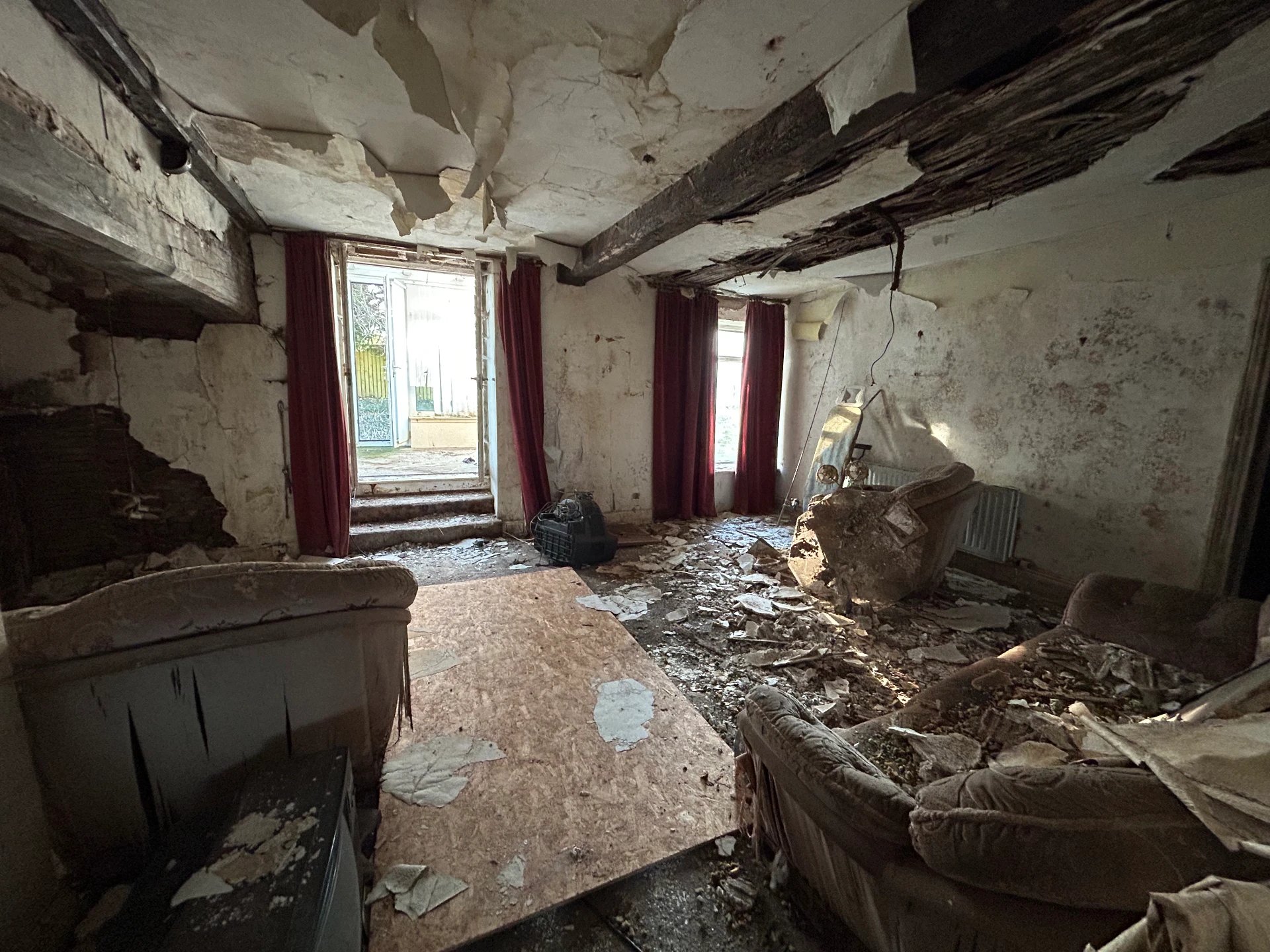 Fallen ceilings and damage inside